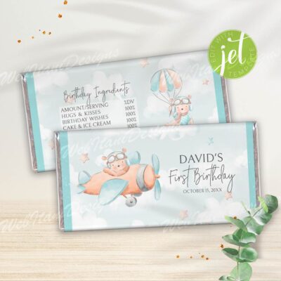 Pilot Bear First Birthday Candy Bar Wrappers – Editable Airplane Theme Party Favors