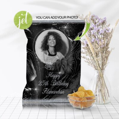 Personalized Birthday Chip bag template for Black Silver Party
