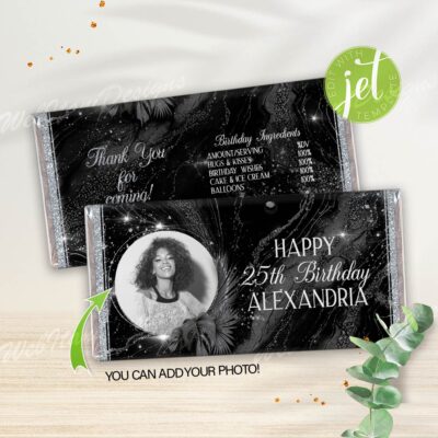 Personalized Birthday candy bar wrappers for Black Silver Party