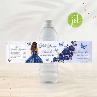 Blue Gold Quinceanera water bottle labels