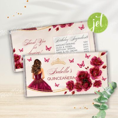 Editable Burgundy Quinceanera Candy Bar Wrapper