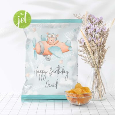 Pilot Bear First Birthday Chip Bags – Airplane Party Favor Treat Bags for Boy