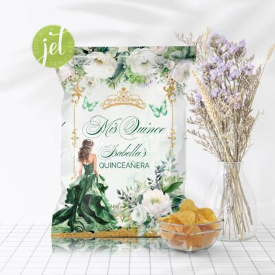 Green Gold Quinceanera Chip Bag with flowers and butterflies