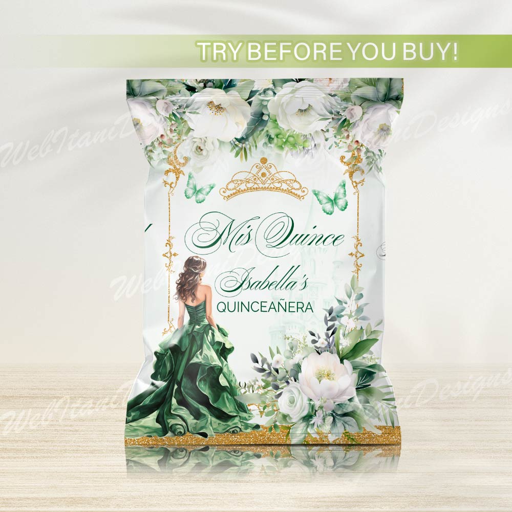 Green Gold Quinceanera Chip Bag with flowers and butterflies - Image 2