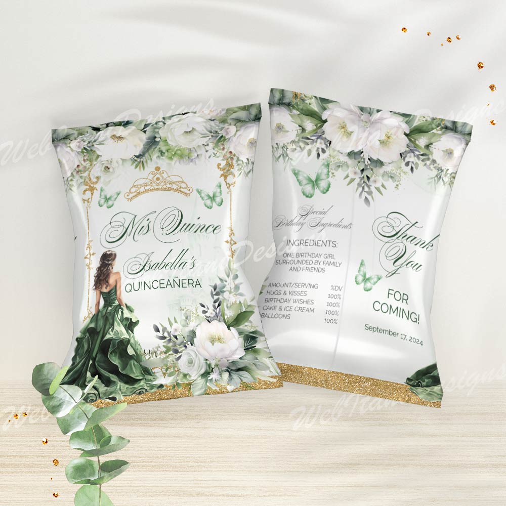 Green Gold Quinceanera Chip Bag with flowers and butterflies - Image 3