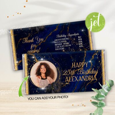 Personalized Birthday candy bar wrappers for Navy Blue Gold Party