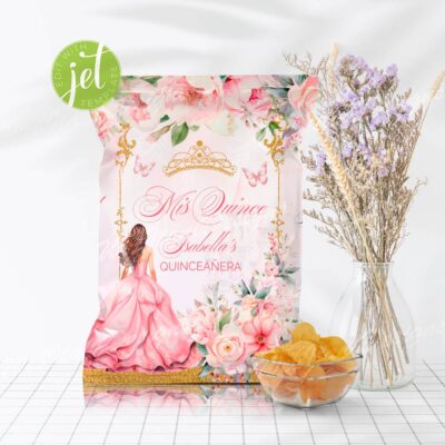 Editable Pink and Gold Quinceanera Chip Bag with flowers and butterflies