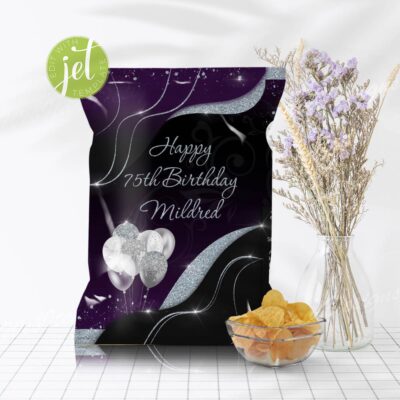 Purple Silver Chip Bag Wrapper with Balloons – Printable Party Favor