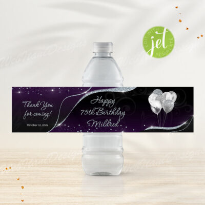Purple Silver Water Bottle Label with ballons for birthday party