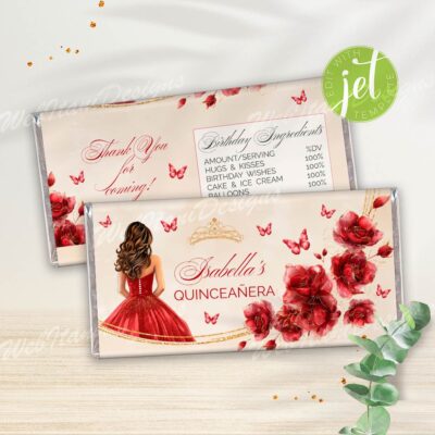 Editable Red Quinceanera Candy Bar Wrapper