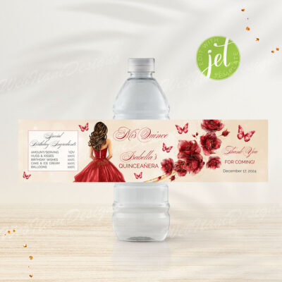 Red Gold Quinceanera Water Bottle Labels
