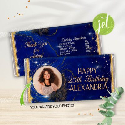 Royal Blue Gold Party Birthday candy bar wrappers, Chocolate Wrappers 1.55 oz