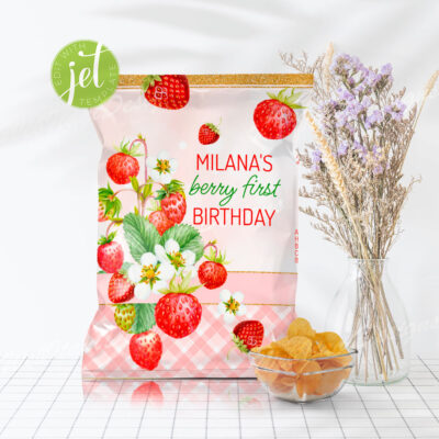 Strawberry First Birthday Chip Bag Template