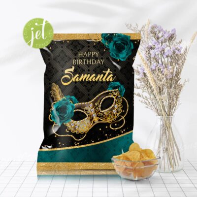Teal and Gold Editable Chip Bag for Masquerade Party