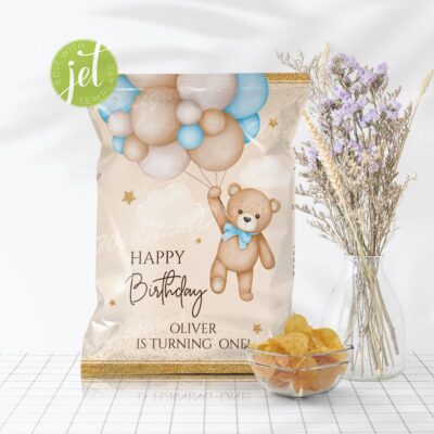 Boy Teddy Bear Chip Bag – Editable First Birthday Favor Wrapper