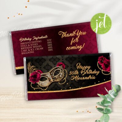 Burgundy Gold Masquerade candy bar wrappers for Birthday / New Year’s Eve party