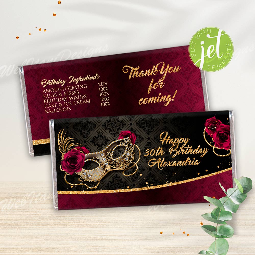 Burgundy Gold Masquerade candy bar wrappers