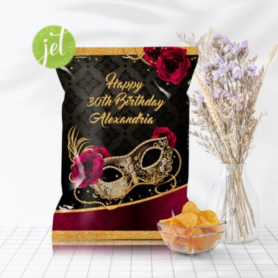 Personalized Chip bag for Burgundy Gold Masquerade Party