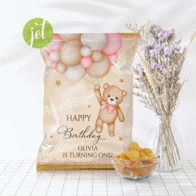 Girl Teddy Bear Chip Bag – Editable First Birthday Favor Wrapper