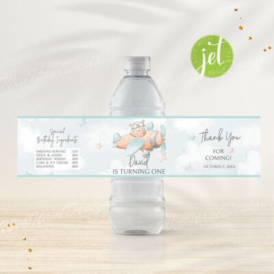 Pilot Bear First Birthday Water Bottle Labels – Editable First Birthday Template