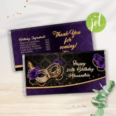 Purple Gold Masquerade Ball Candy Bar Wrapper for Birthday with Masquerade Mask