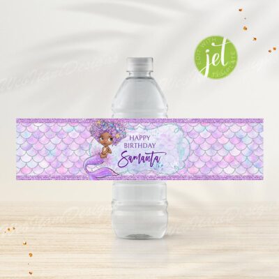Purple Mermaid Water Bottle Labels – Printable & Editable Party Decor