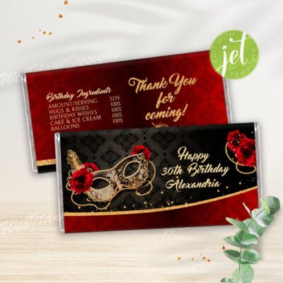 Editable Red Gold Masquerade Candy Bar Wrapper for Birthday with Masquerade Mask
