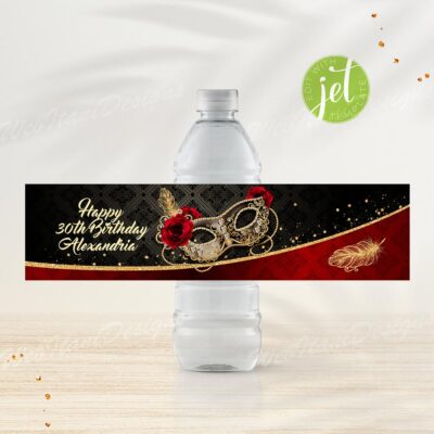 Red Gold Water Bottle Label for Masquerade party