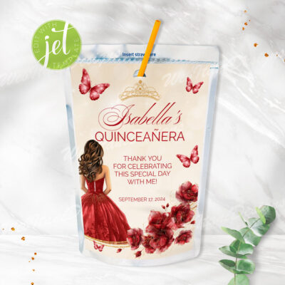 Red Gold Quinceanera Juice Pouch Labels for Mis quince anos Party