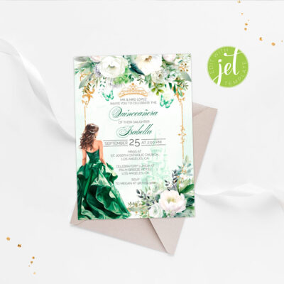 Editable Emerald green Quinceañera Invitation with Flowers