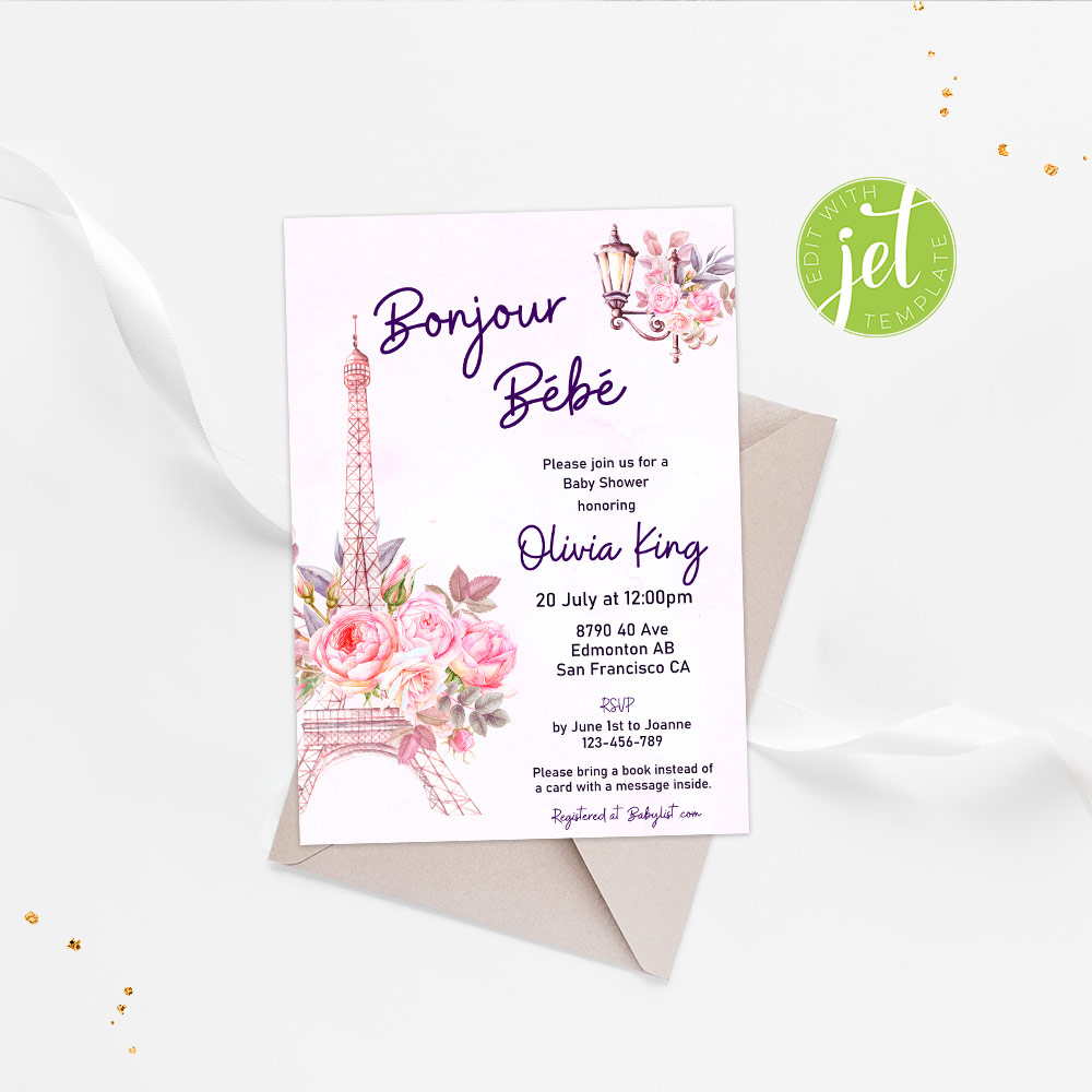 Paris themed Bonjour Baby Shower invitation with pink roses and Eiffel Tower illustration
