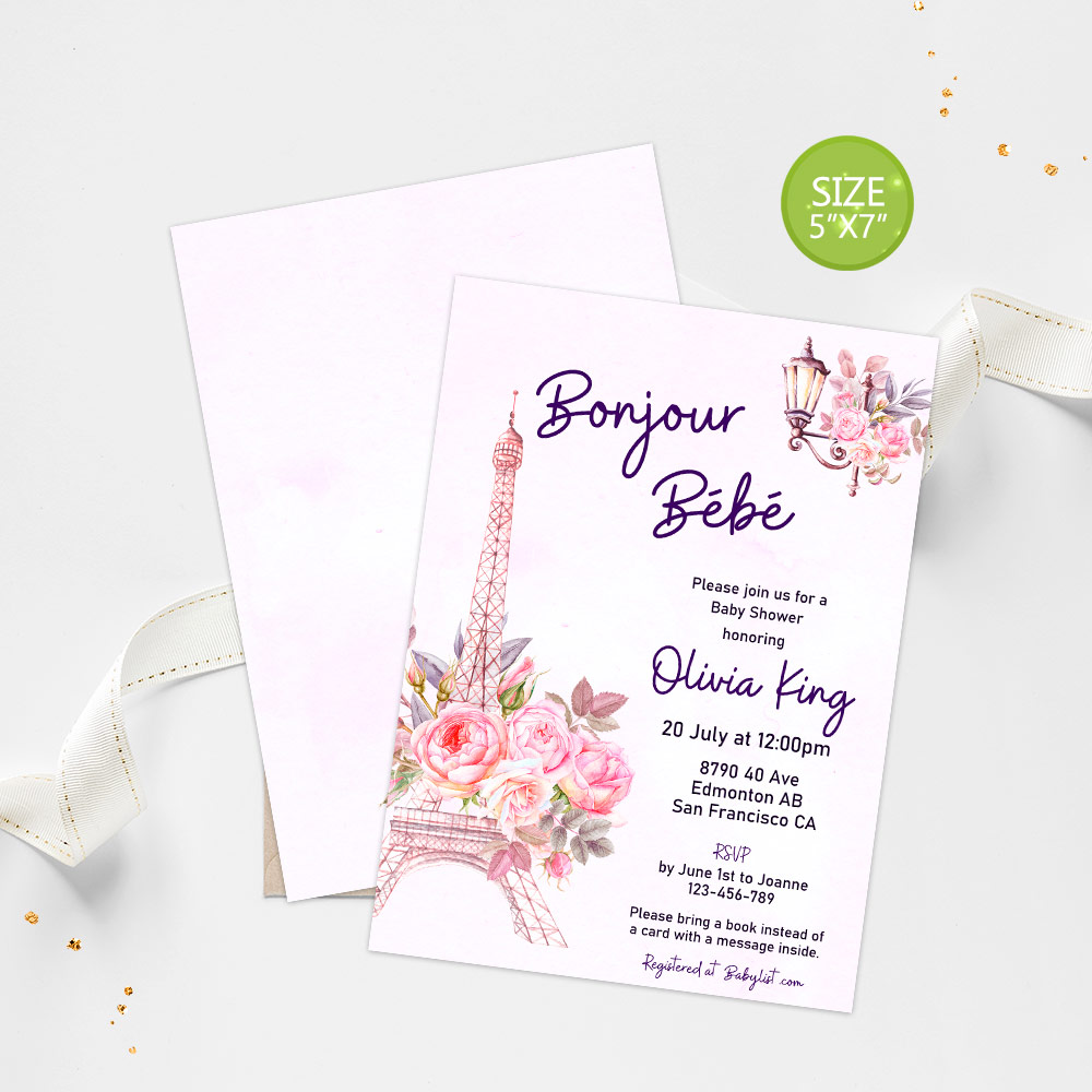 Elegant baby shower invitation with Eiffel Tower, vintage lantern, and floral accents