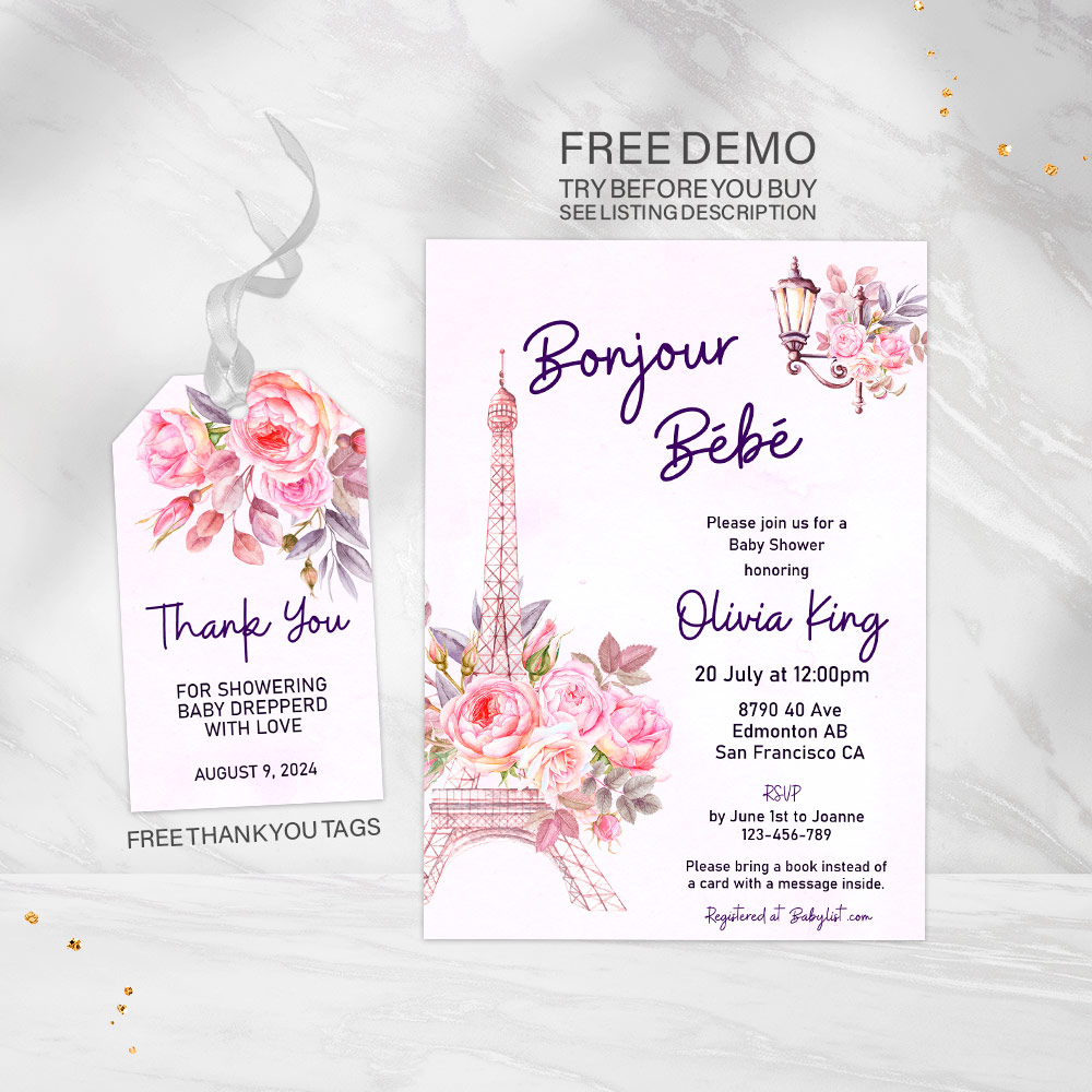 Bonjour Bébé baby girl shower invite in pink and purple with French style design