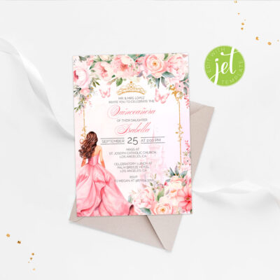 Pink Quinceañera Invitation Template – Elegant Girl in Ball Gown, Editable Digital Invite
