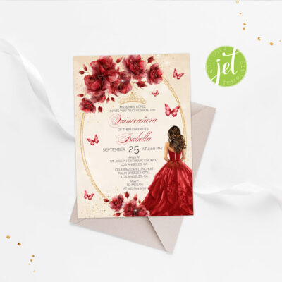 Editable Red Gold Quinceañera invitation with flowers and a gold crown